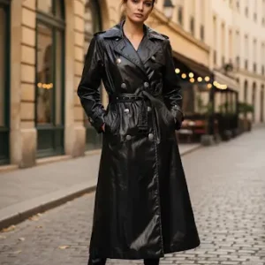 Trench noir brillant doublé en rouge profond